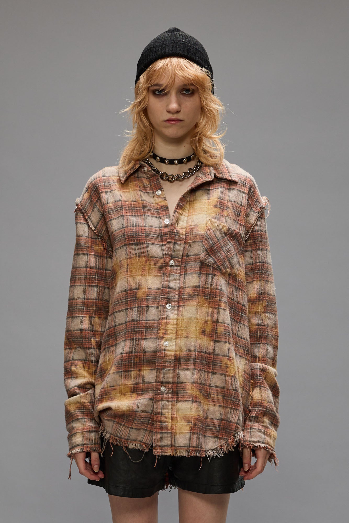 Shredded Seam Shirt - Bleached Orange Plaid - R13