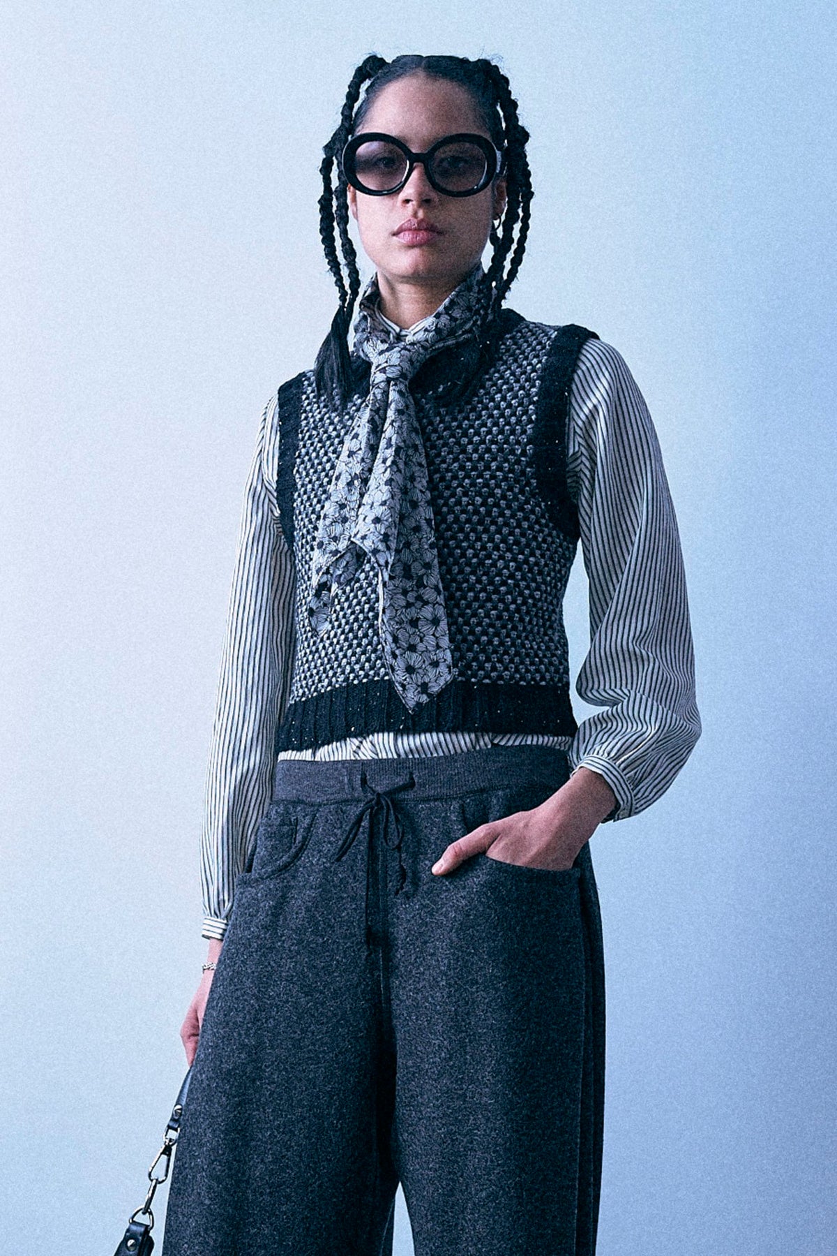 Shrunken Crewneck Sweater Vest - Black Grey Tweed - R13