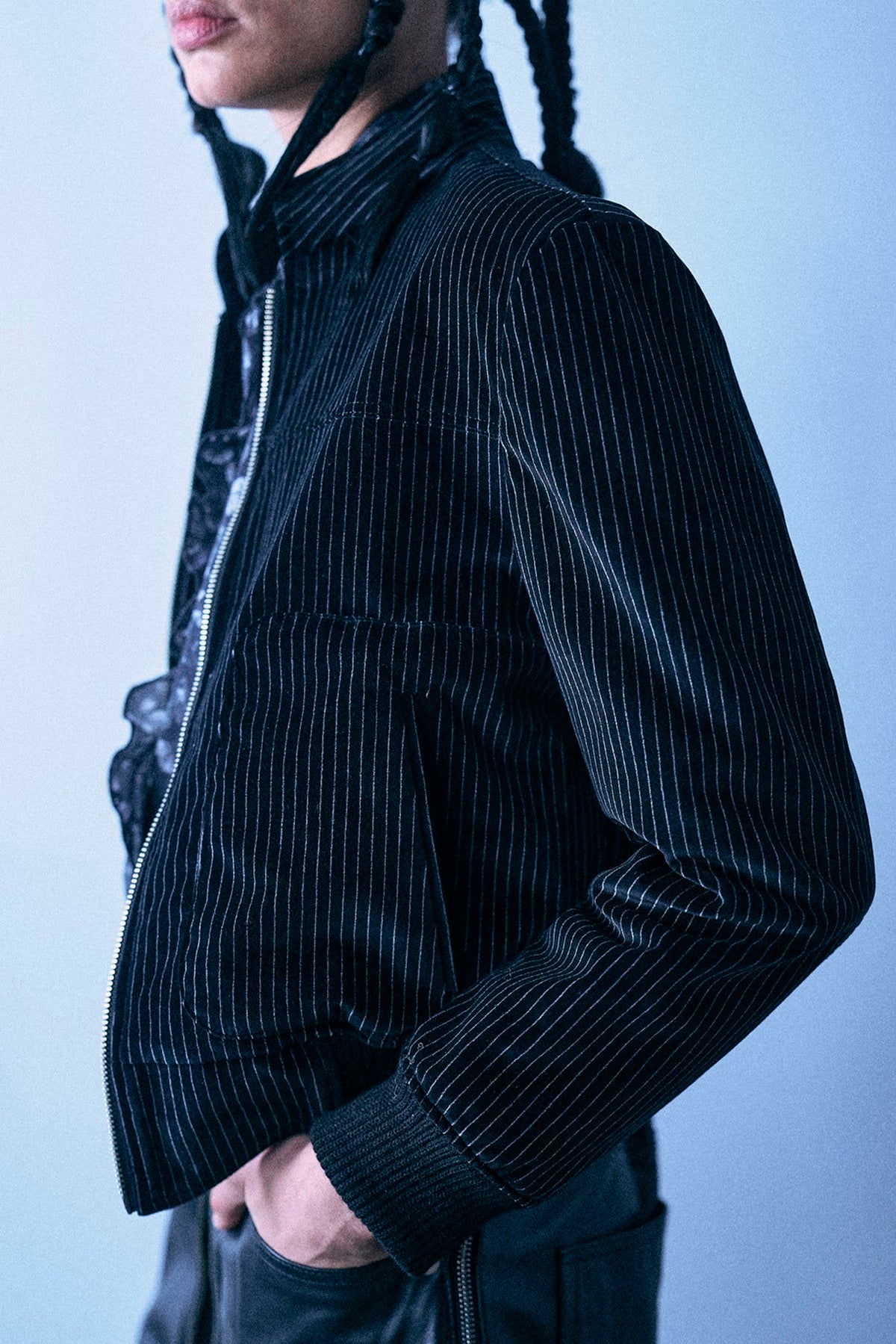 Shrunken Jacket With Stand Collar - Black And White Stripe - R13