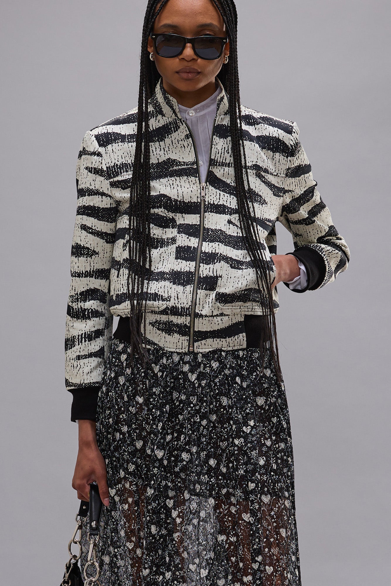 SHRUNKEN JACKET WITH STAND COLLAR - BLACK AND WHITE ZEBRA - R13