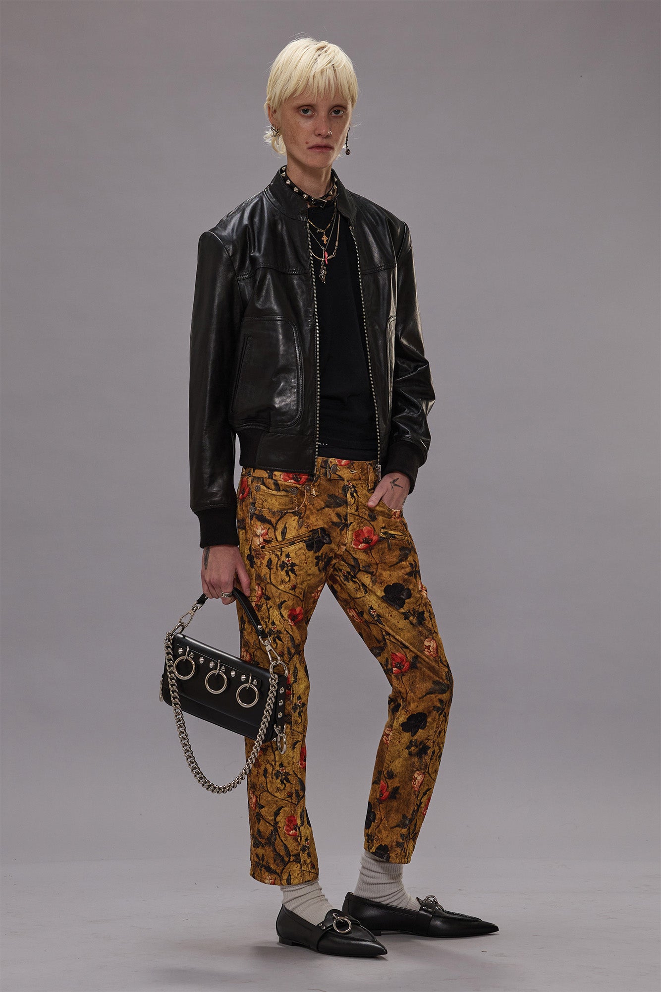 SHRUNKEN LEATHER JACKET WITH STAND COLLAR - BLACK - R13