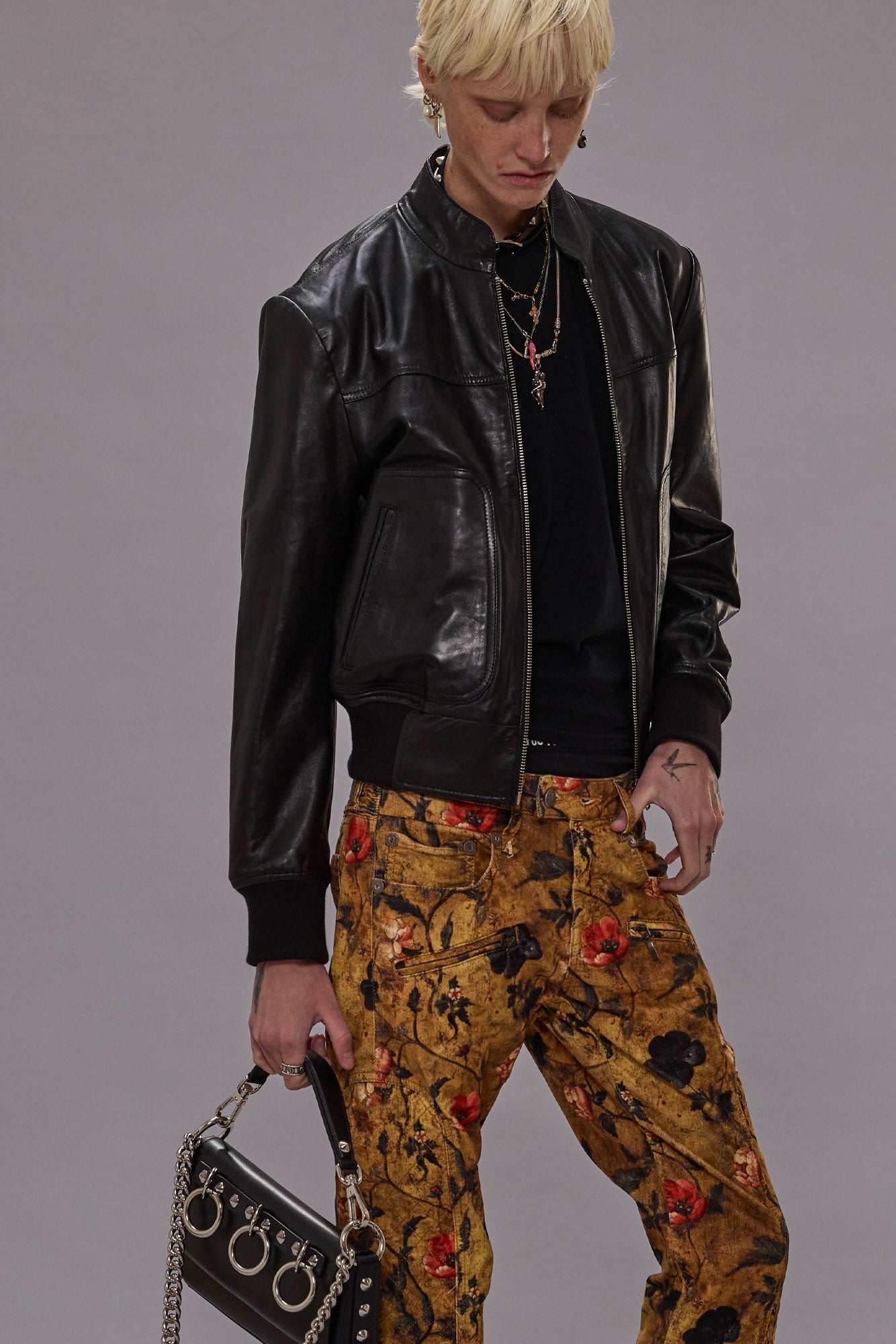 SHRUNKEN LEATHER JACKET WITH STAND COLLAR - BLACK - R13