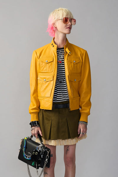 【MLVINCE】WOOL CHECK JACKET YELLOW SHRUNKEN ZIP-UP LEATHER JACKET - YELLOW MUSTARD - R13