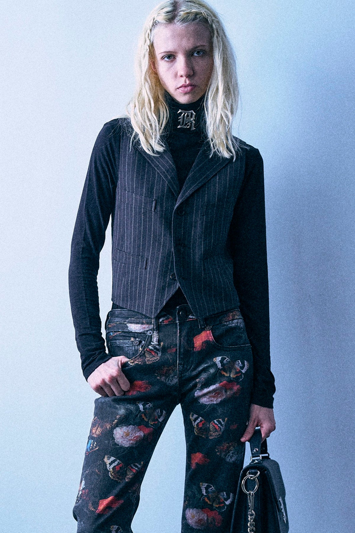 Single Breasted Shrunken Vest - Black Multi Stripe - R13