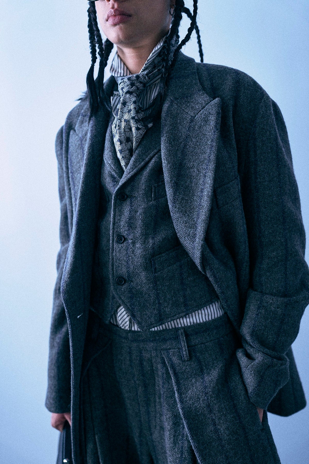Single Breasted Shrunken Vest - Grey And Navy Stripe - R13