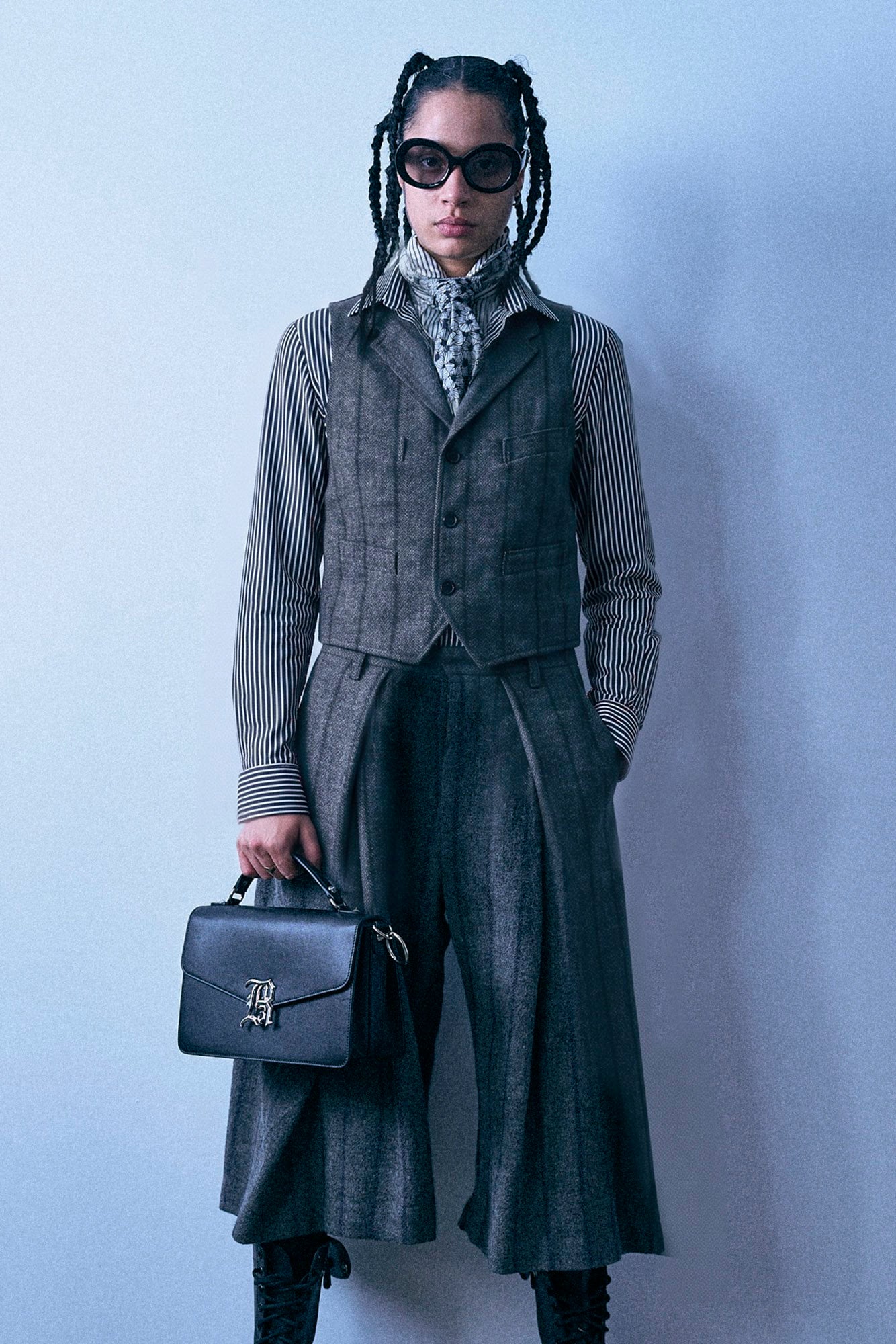 Single Breasted Shrunken Vest - Grey And Navy Stripe