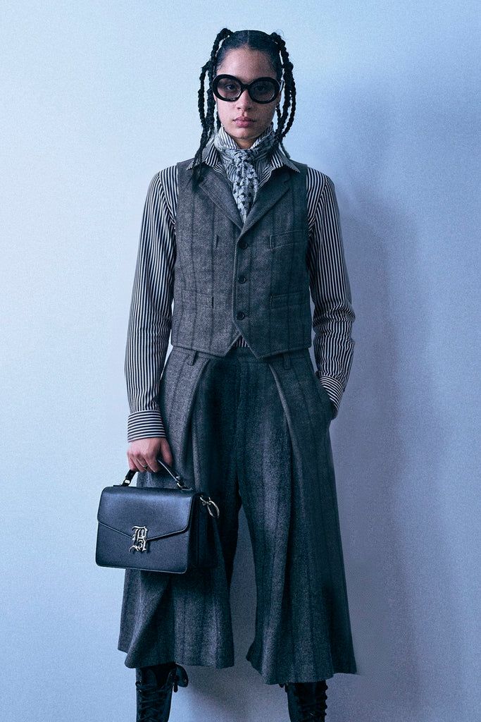 Single Breasted Shrunken Vest - Grey And Navy Stripe