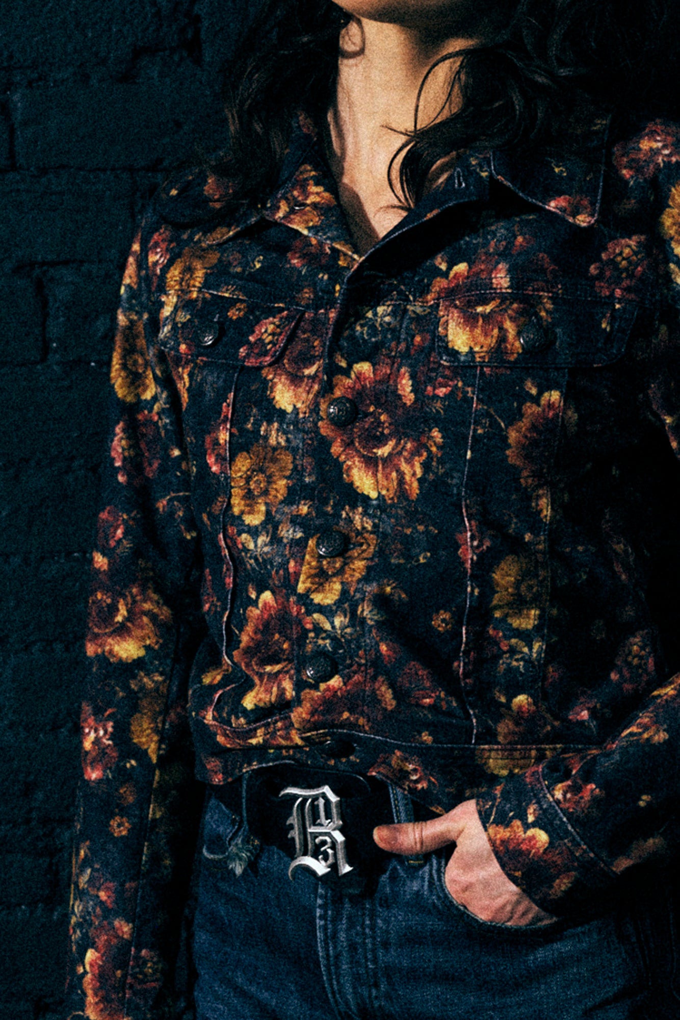 SKINNY TRUCKER JACKET - NAVY BLUE FLORAL VELVETEEN - R13