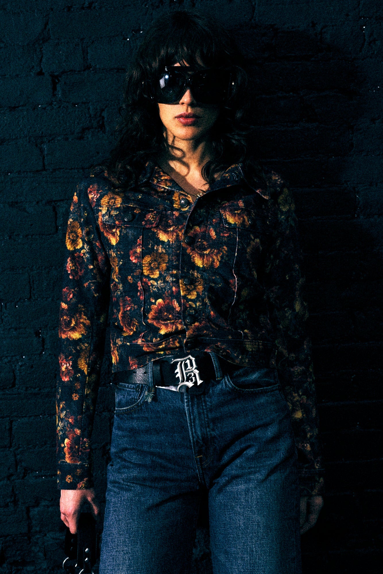 SKINNY TRUCKER JACKET - NAVY BLUE FLORAL VELVETEEN
