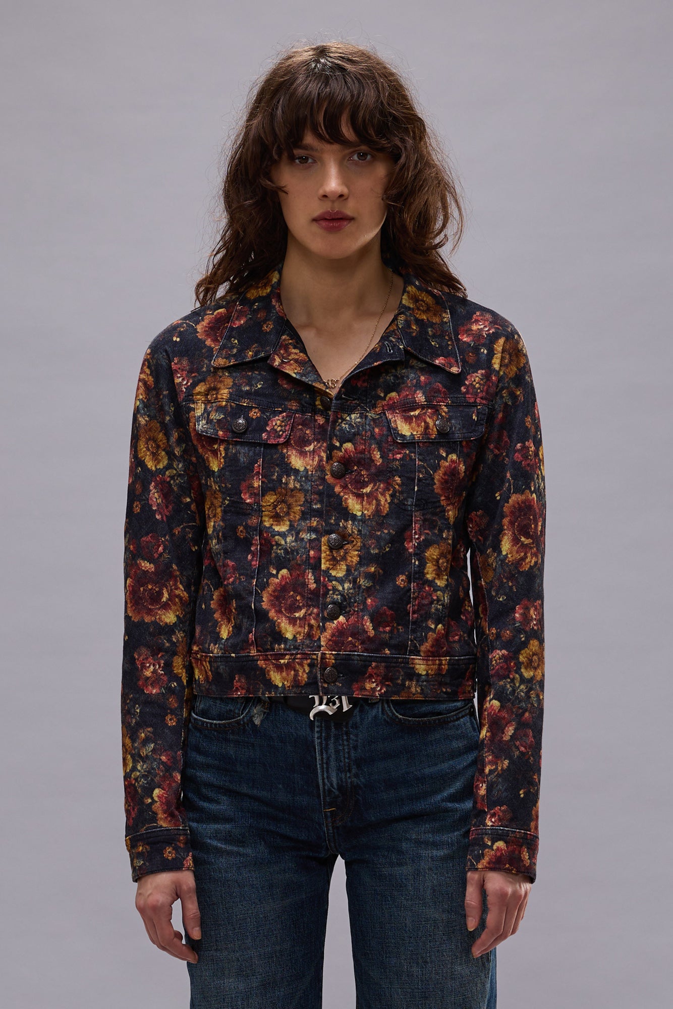 SKINNY TRUCKER JACKET - NAVY BLUE FLORAL VELVETEEN - R13