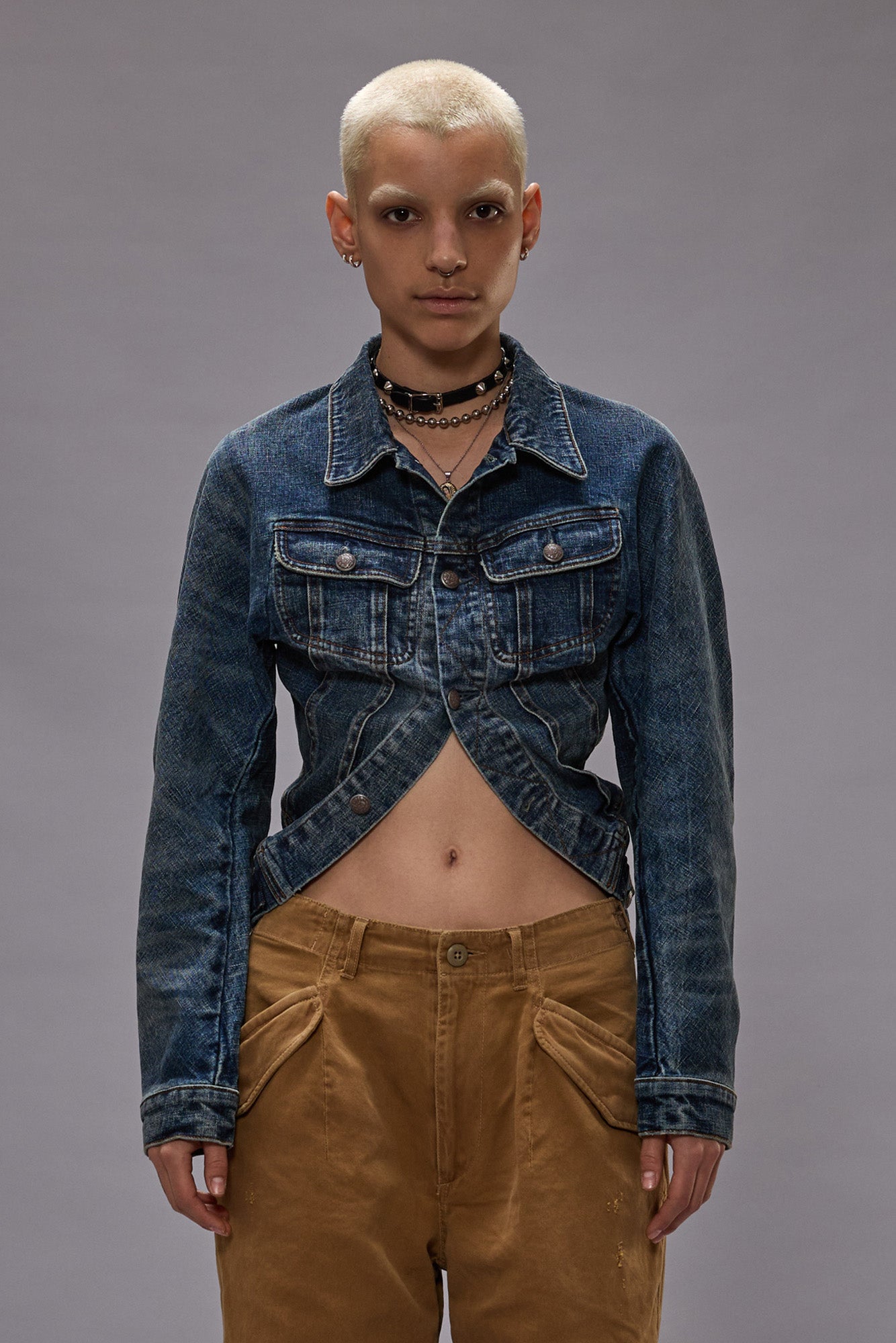 SKINNY WRAP AROUND TRUCKER JACKET - MELVIN BLUE STRETCH - R13