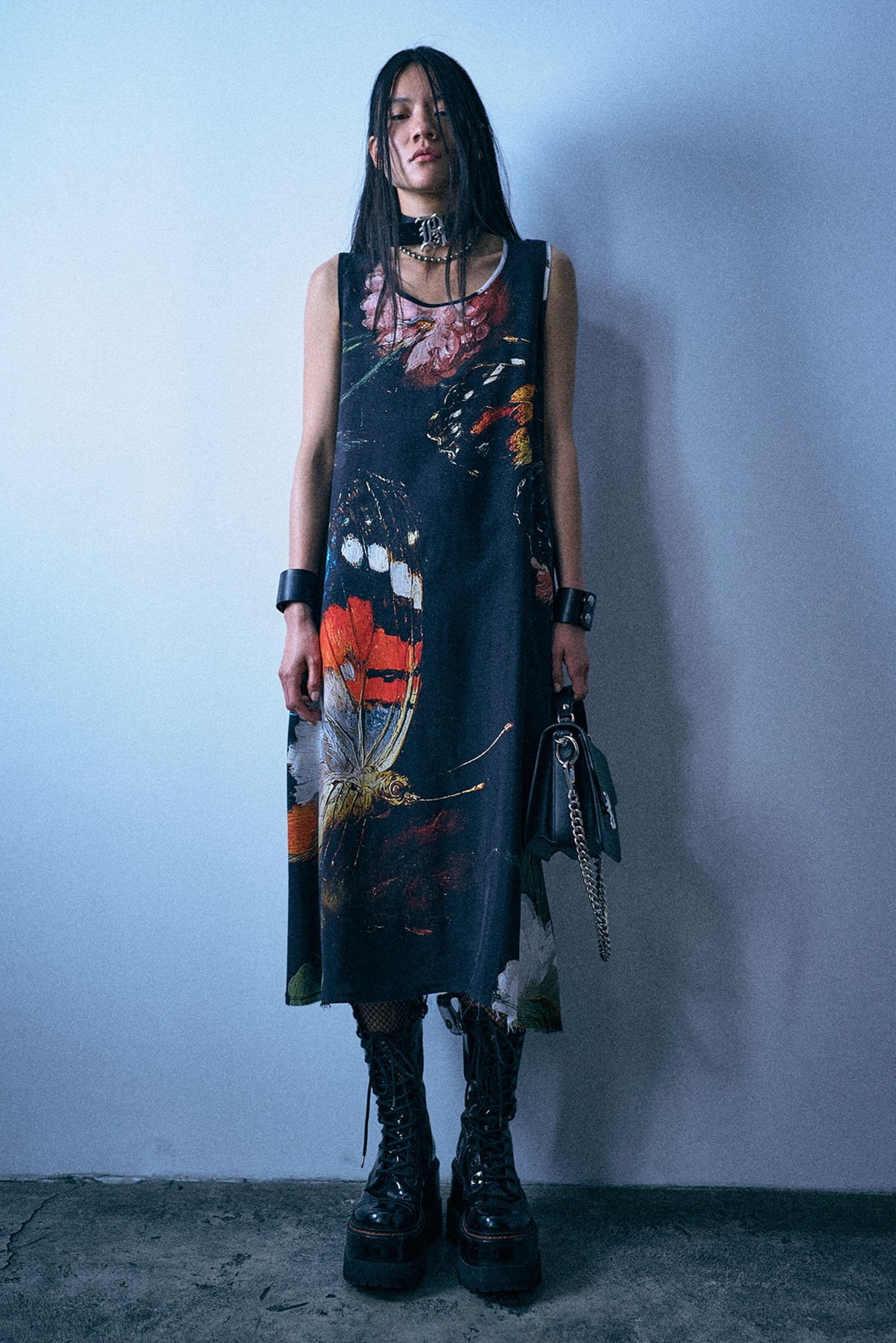 Sleeveless Midi - Multicolor On Black Large Butterfly