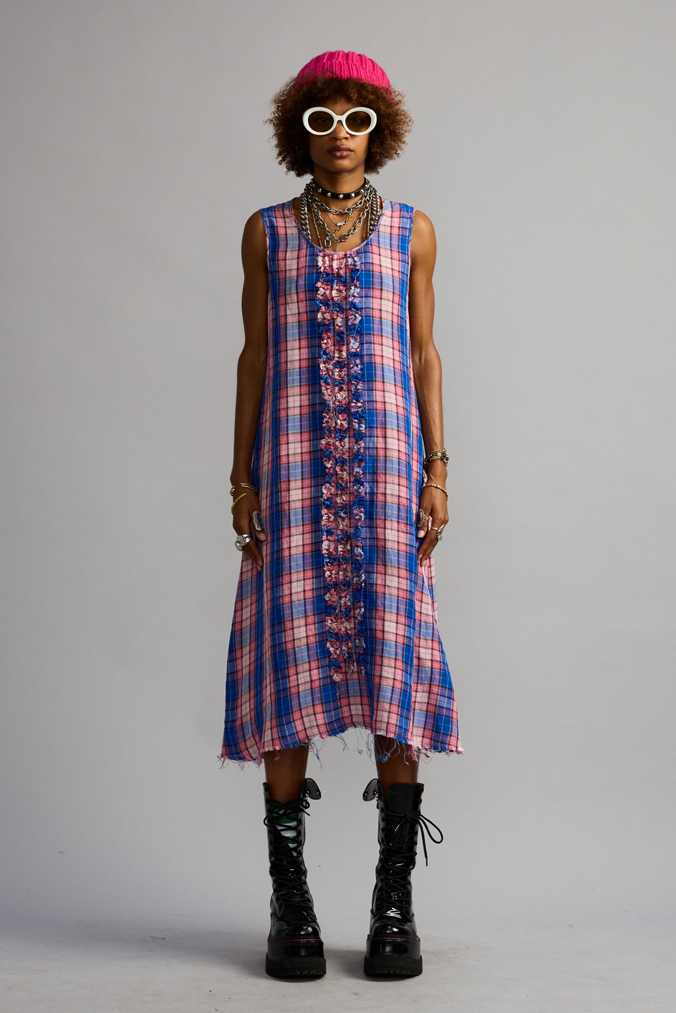 SLEEVELESS MIDI WITH RUFFLES - BLUE PINK PLAID - R13