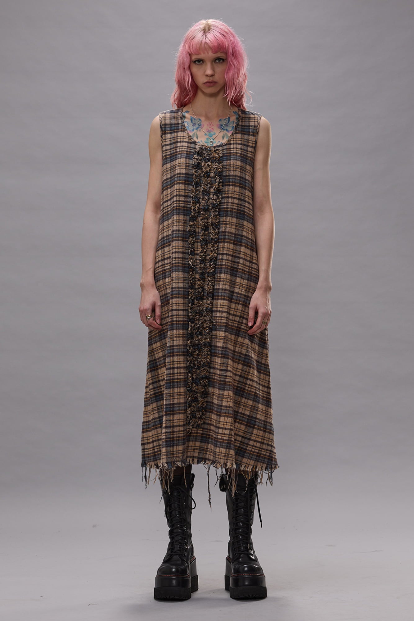 Sleeveless Midi With Ruffles - Light Blue Yellow Plaid - R13