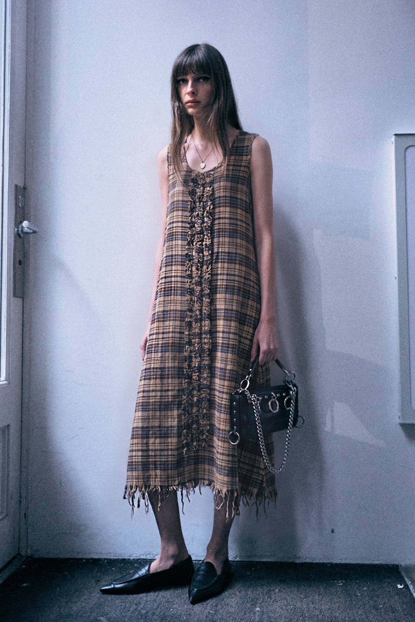 Sleeveless Midi With Ruffles - Light Blue Yellow Plaid
