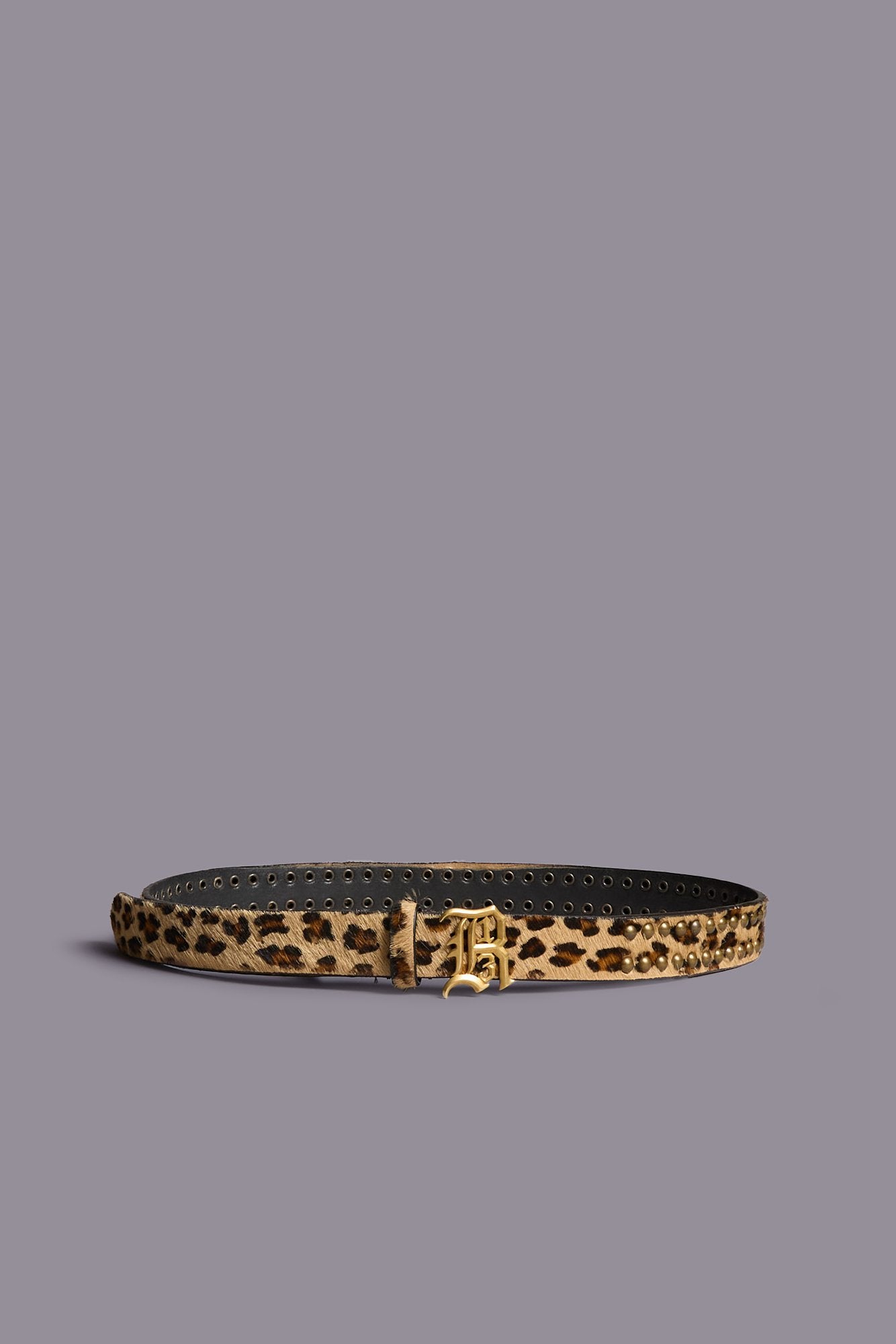 Slim R13 Logo Belt - Brown Leopard Pony Hair W Brass Dome Studs - R13