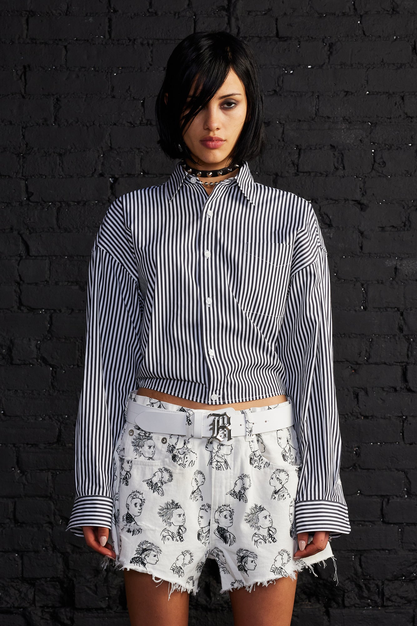 Split Hem Boyfriend Shirt - Black And White Stripe - R13