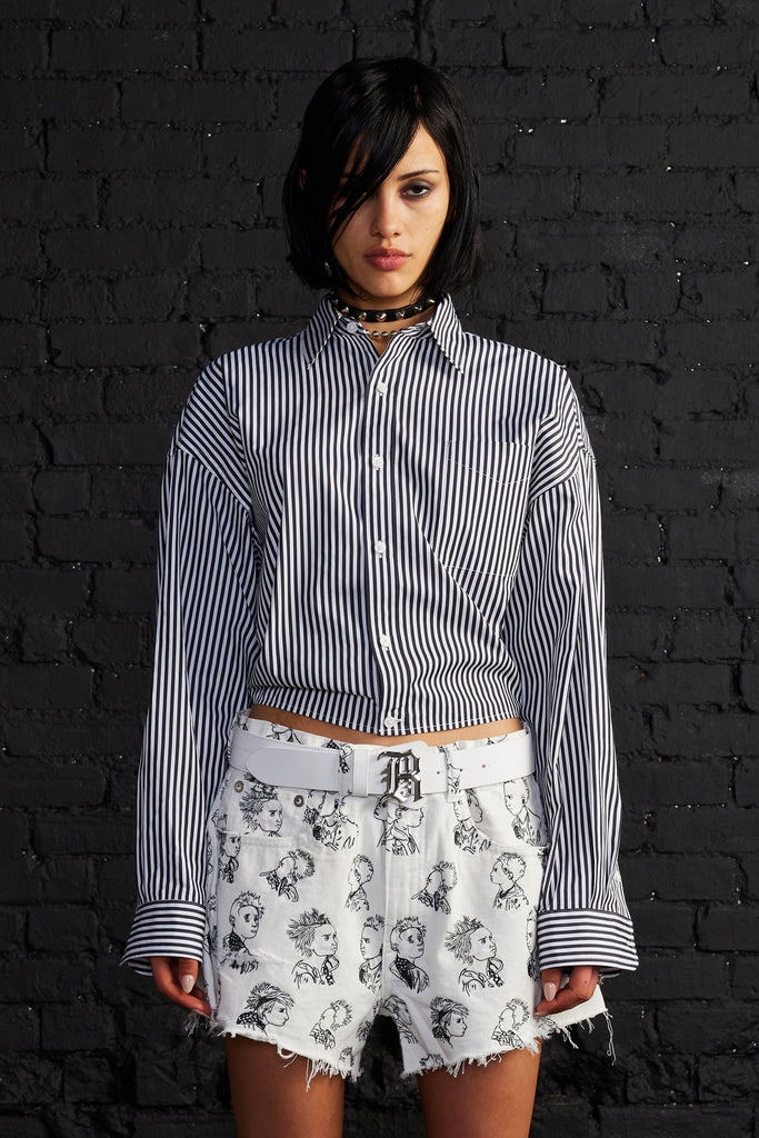 Split Hem Boyfriend Shirt - Black And White Stripe