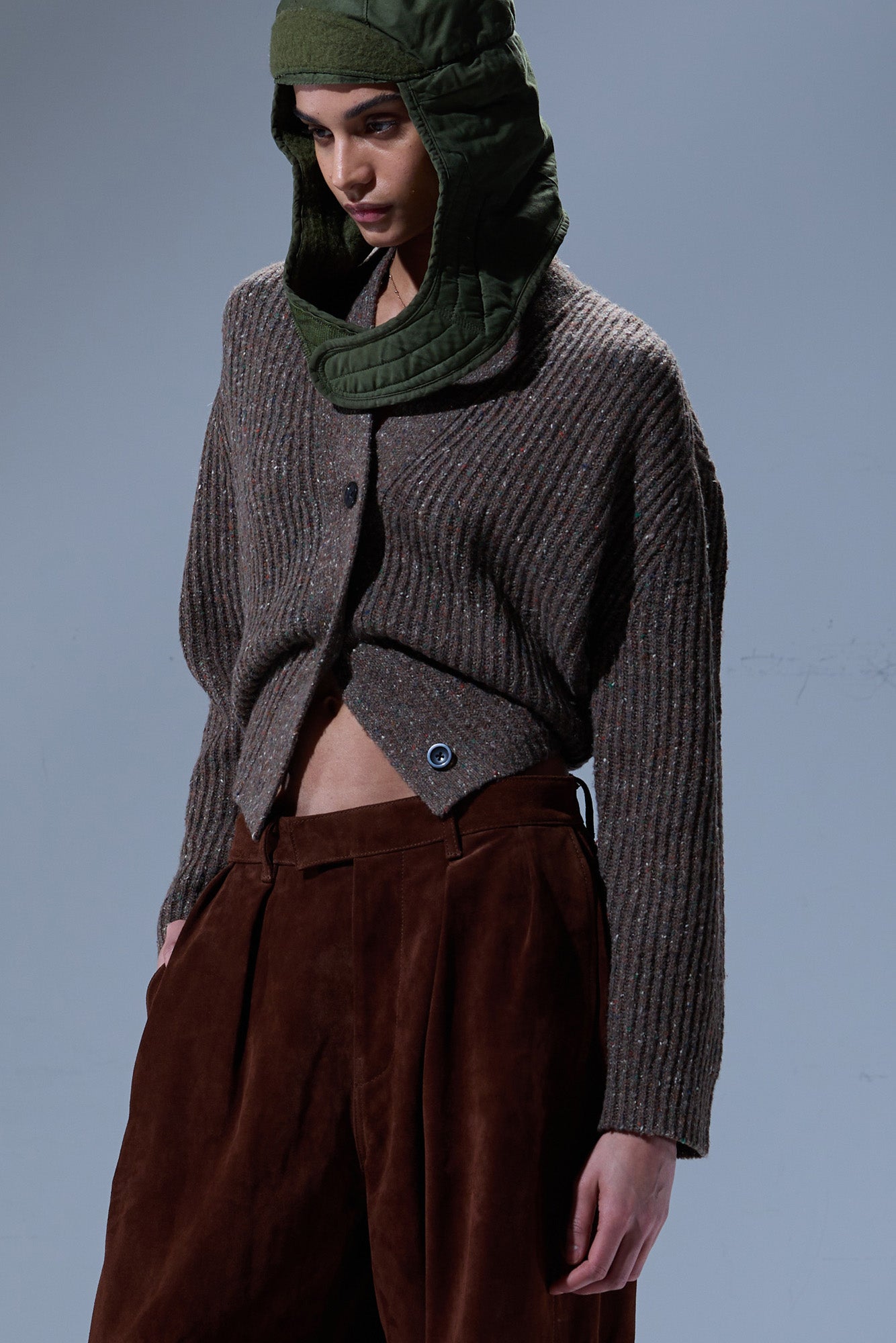 SPLIT HEM RIBBED CARDIGAN - BROWN TWEED - R13