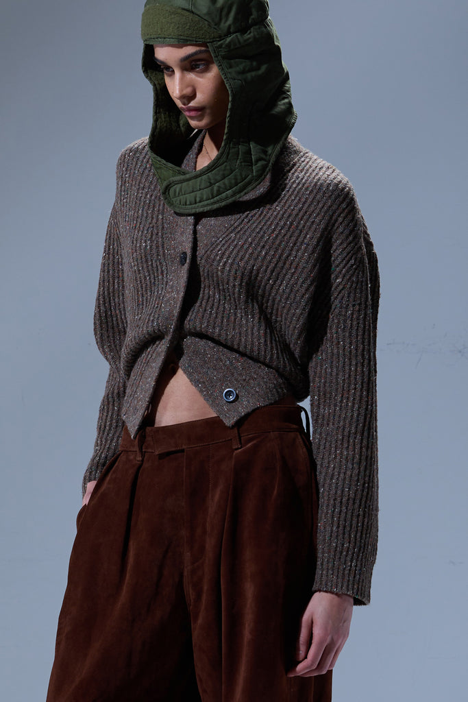 SPLIT HEM RIBBED CARDIGAN - BROWN TWEED
