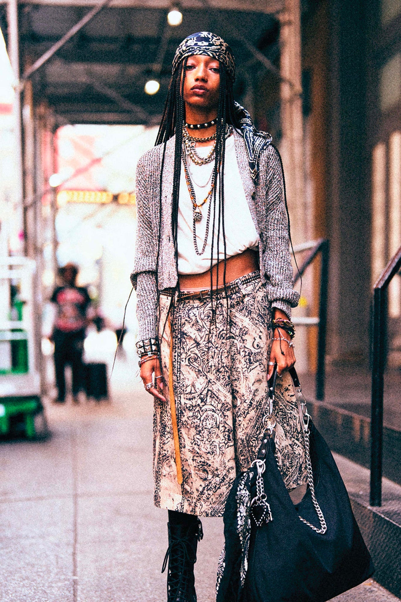 SPLIT HEM RIBBED CARDIGAN - GREY MULTI