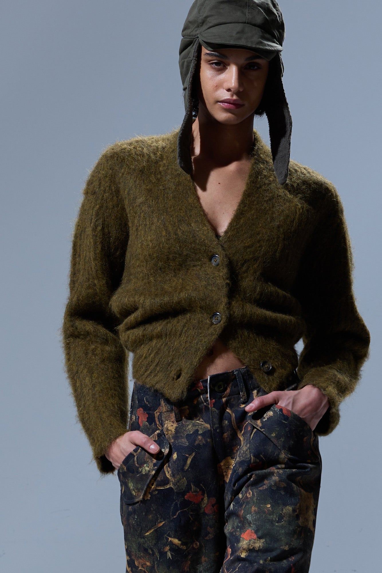 SPLIT HEM RIBBED CARDIGAN - HEATHER OLIVE GREEN