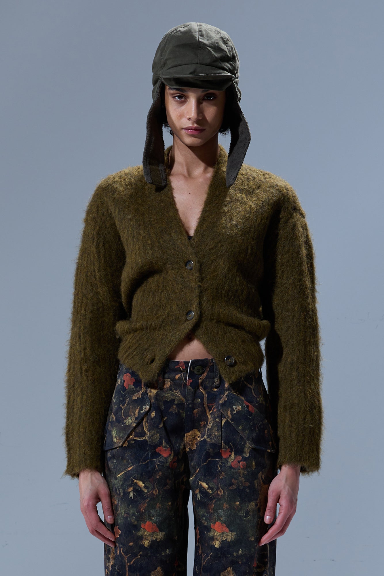 SPLIT HEM RIBBED CARDIGAN - HEATHER OLIVE GREEN - R13