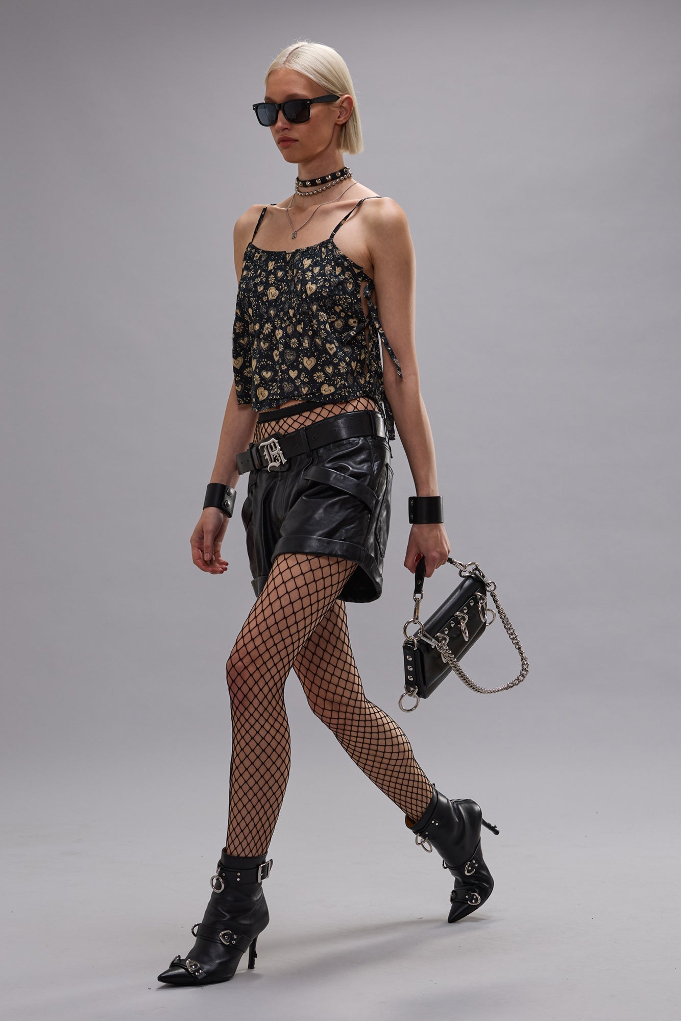 SQUARE NECK CAMI WITH TIES - HEARTS ON BLACK - R13