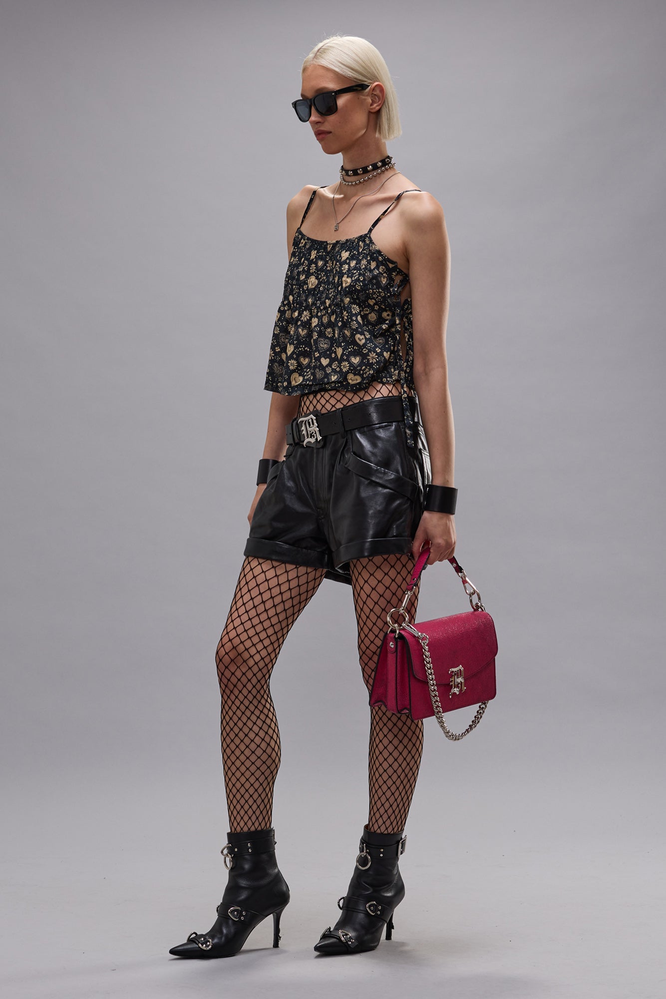 SQUARE NECK CAMI WITH TIES - HEARTS ON BLACK - R13