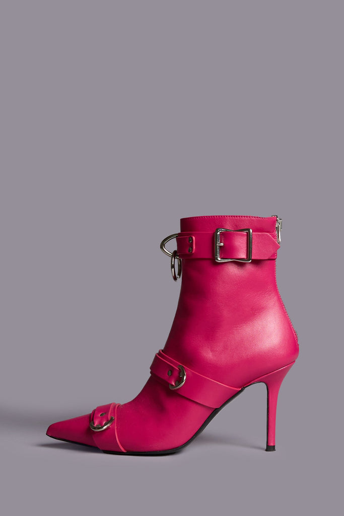 Strapped Skinny Ankle Heeled Boot - Bright Pink
