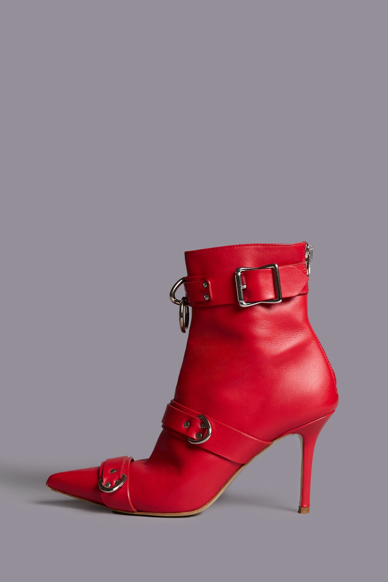 STRAPPED SKINNY ANKLE HEELED BOOT - RED
