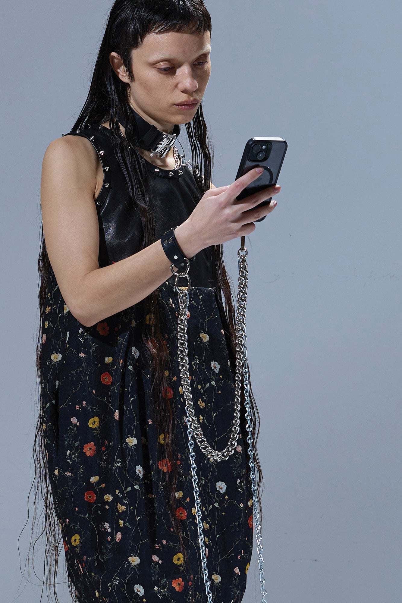 STUDDED COCOON DRESS - BLACK WITH FLORAL - R13