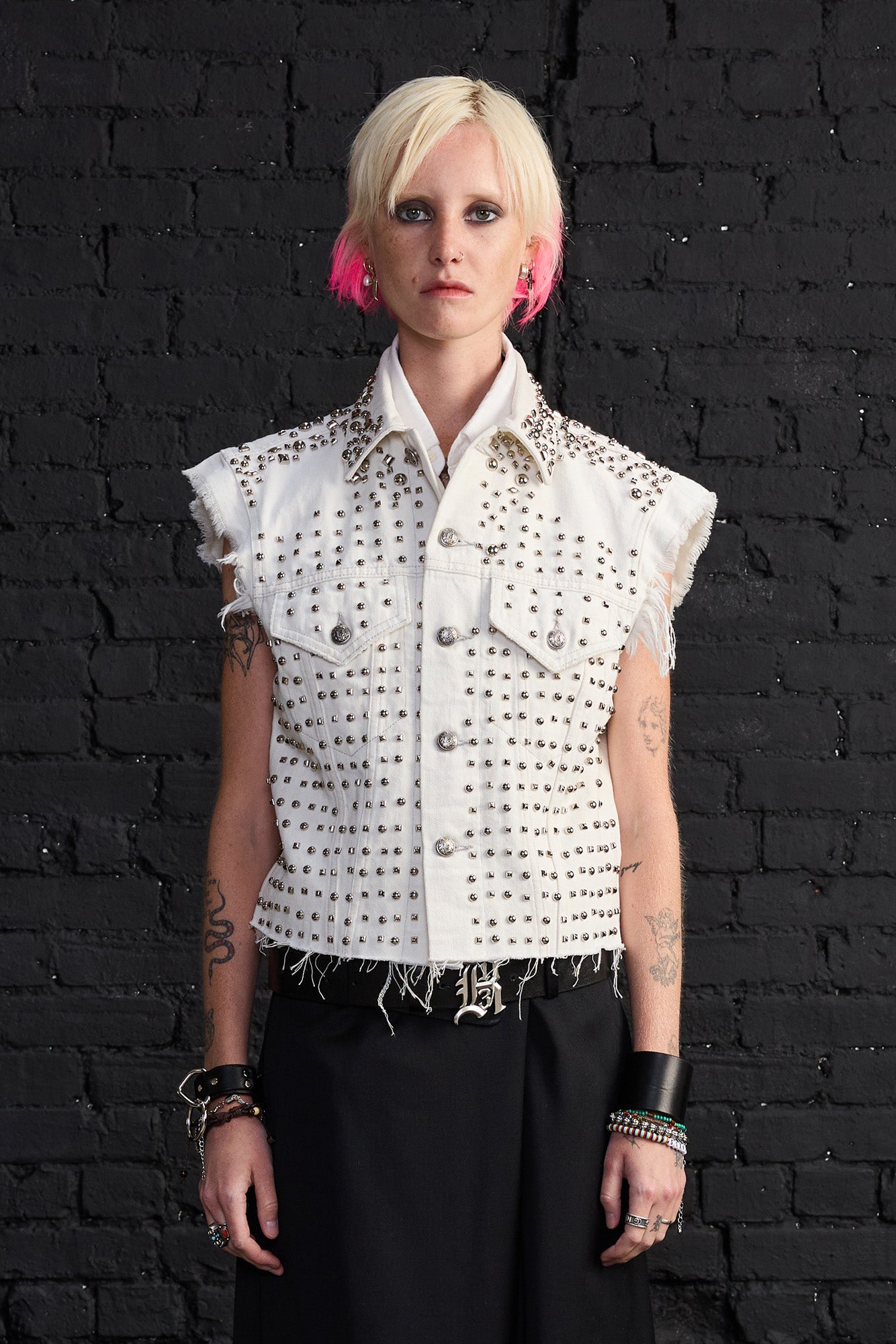 Studded Cropped Denim Vest - Cement White - R13