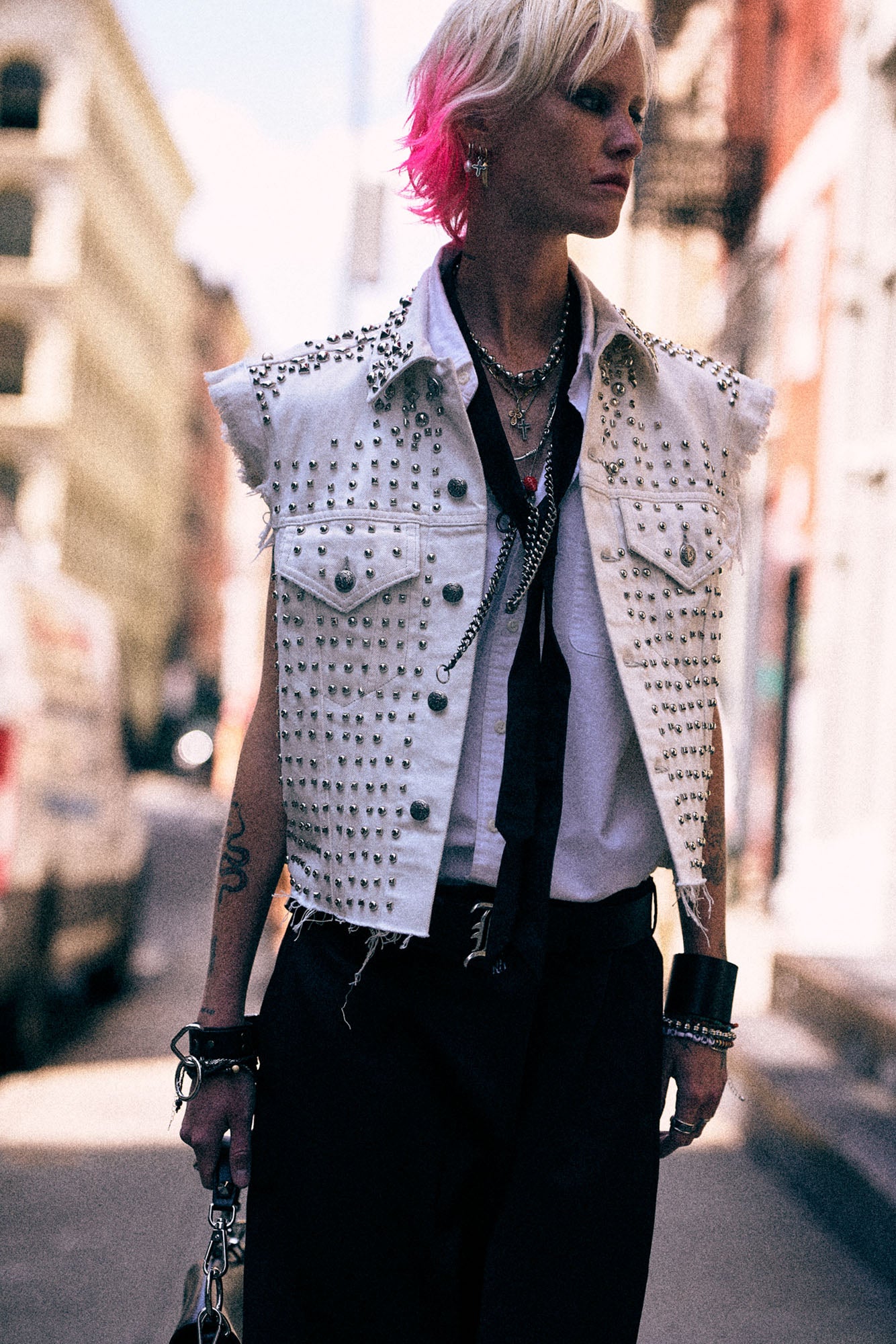 Studded Cropped Denim Vest - Cement White - R13