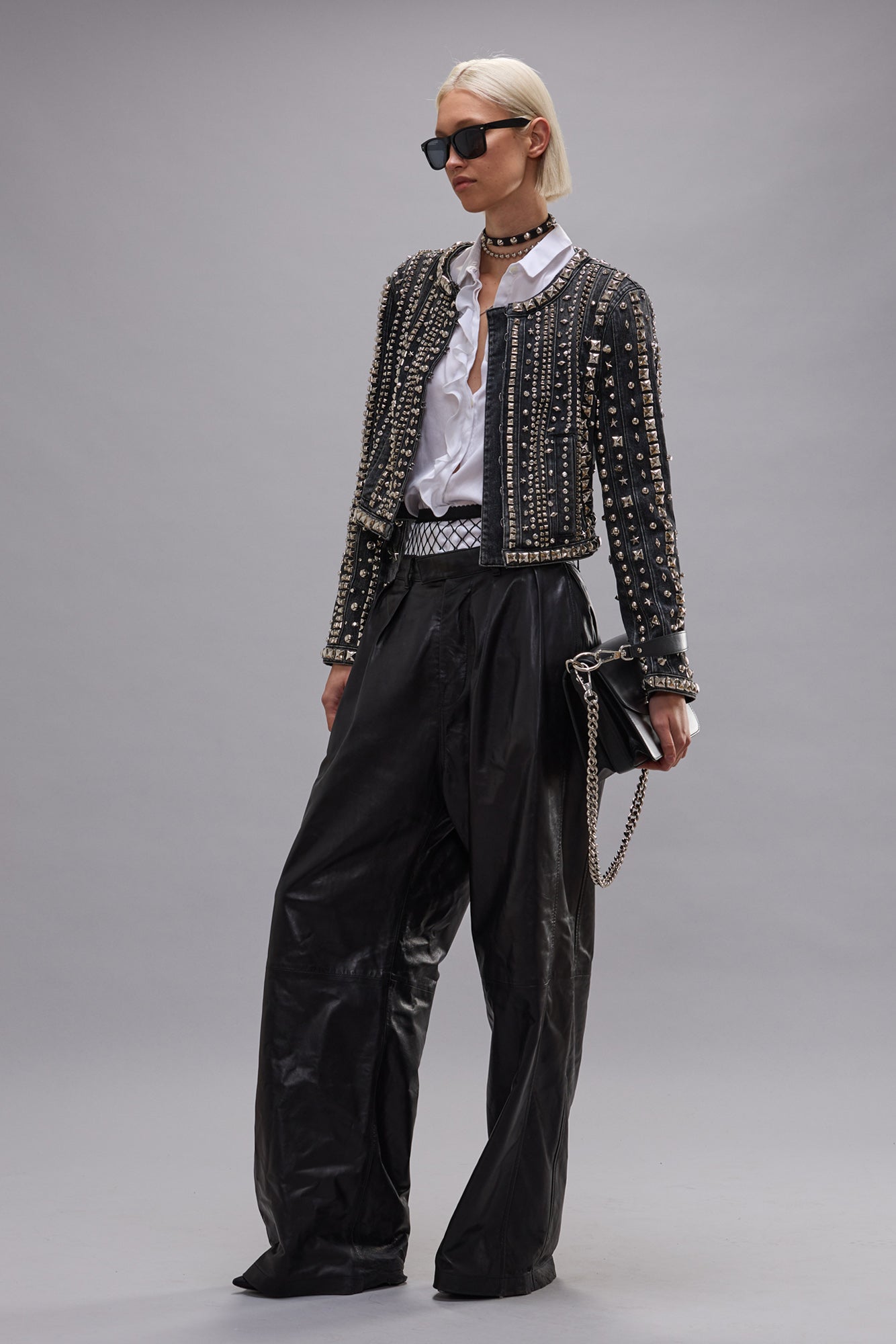 STUDDED HOOK FRONT DENIM JACKET - KENNET BLACK STRETCH - R13