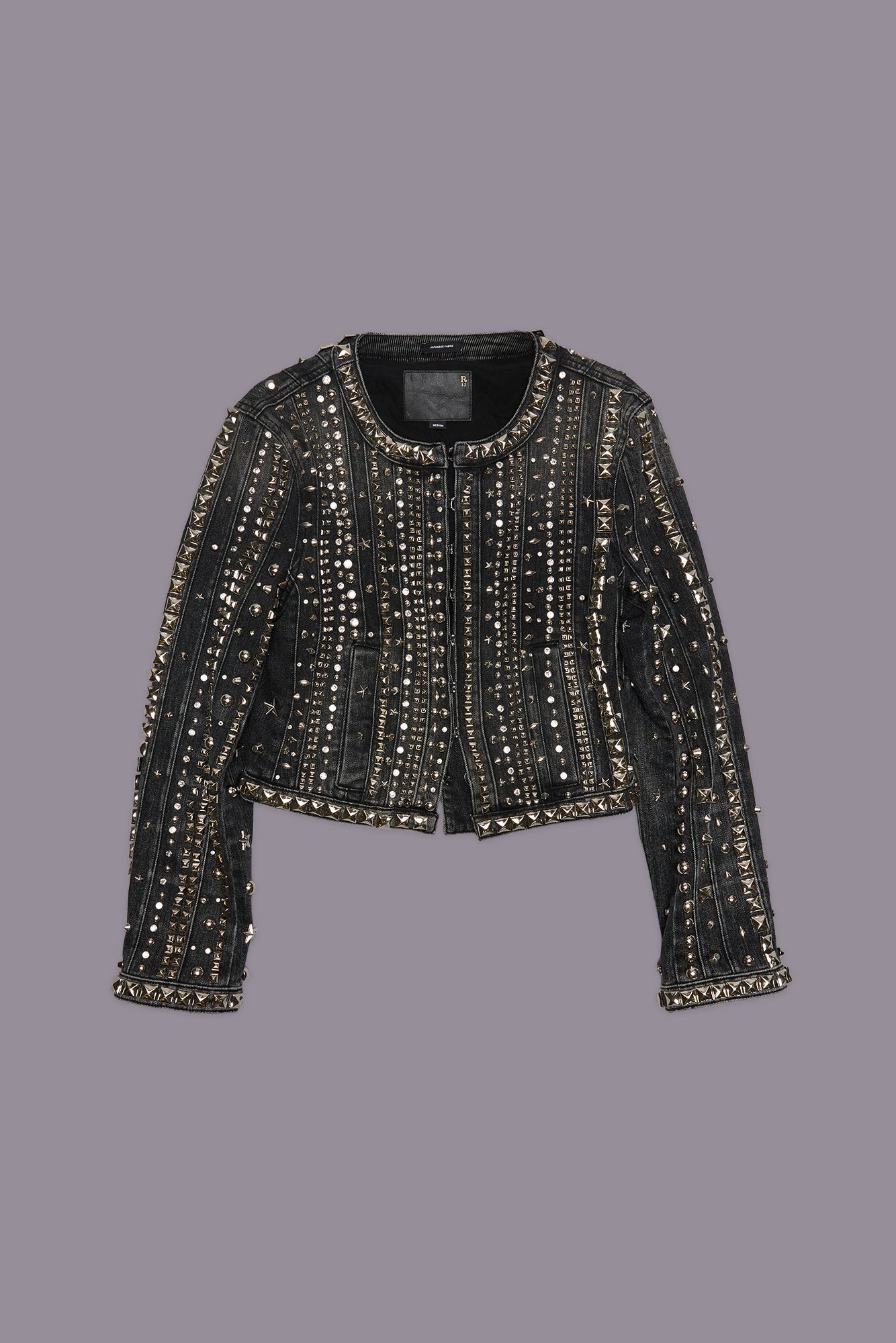 STUDDED HOOK FRONT DENIM JACKET - KENNET BLACK STRETCH - R13