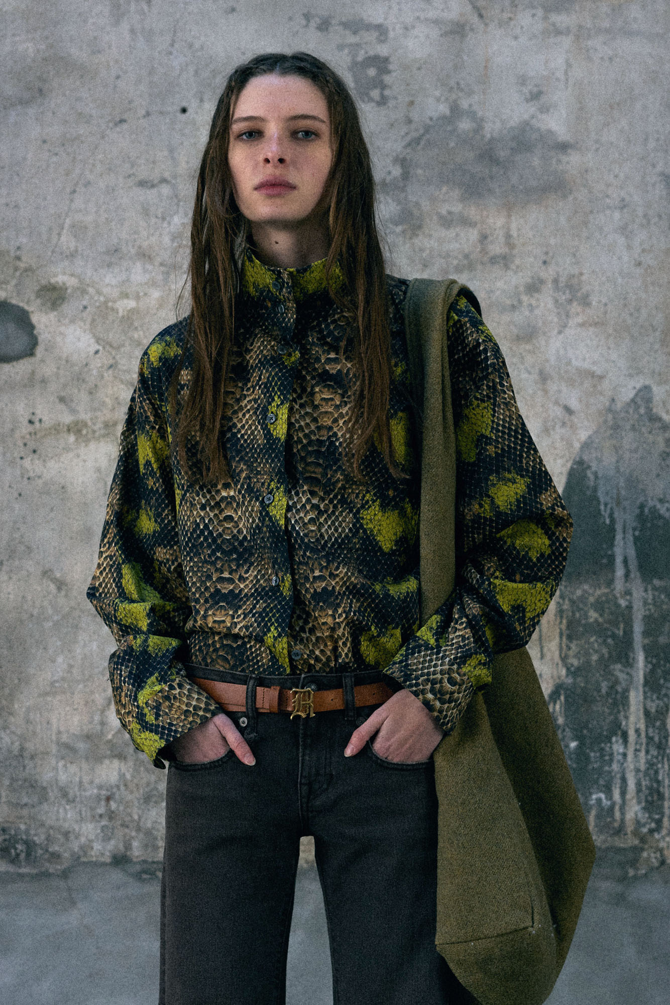Tall Collar Boyfriend Button Up Shirt - Brown Green Snake