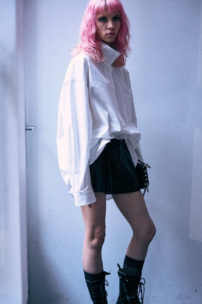Tall Collar Boyfriend Button Up Shirt - White
