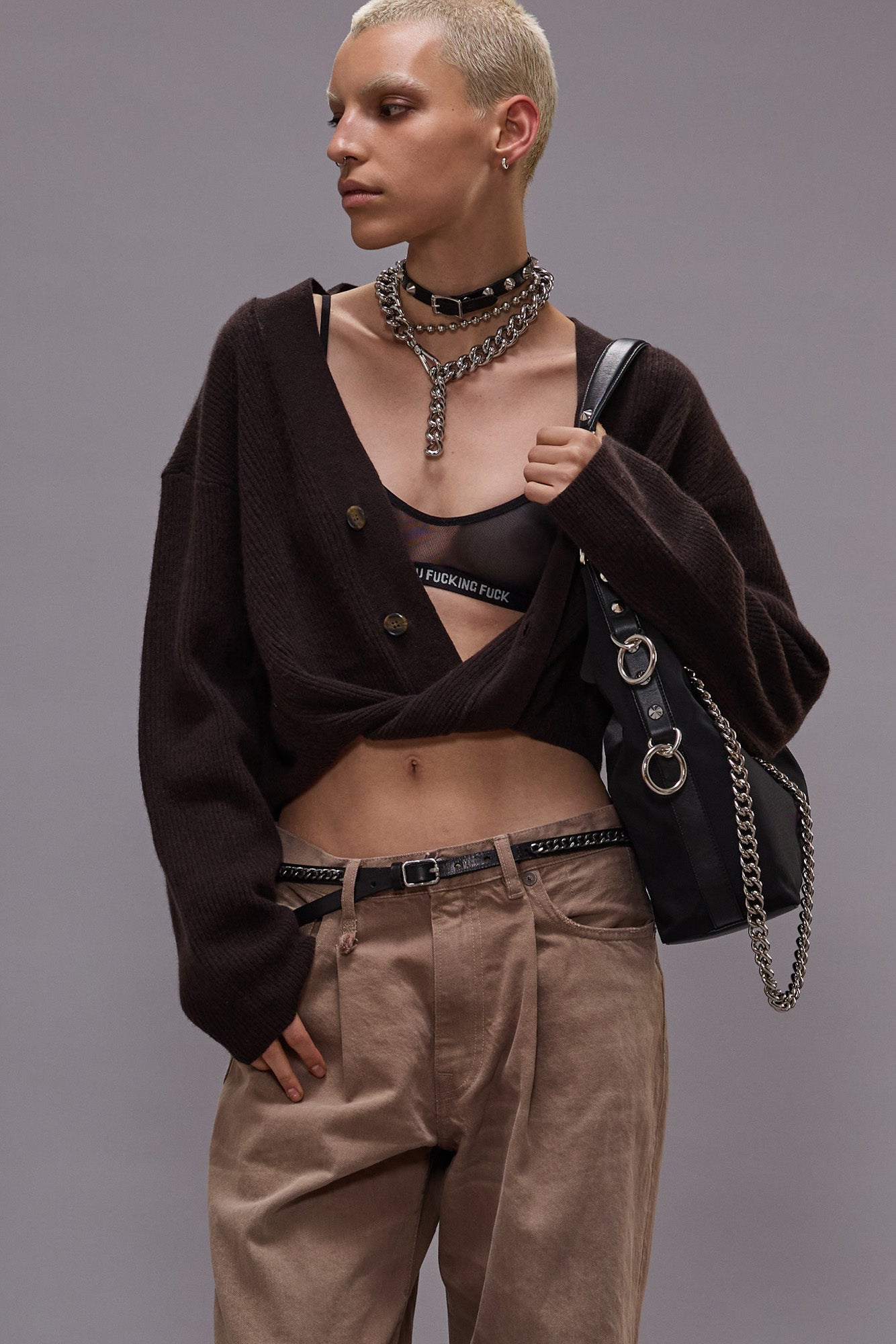 TWISTED FRONT RIBBED CARDIGAN - DARK BROWN