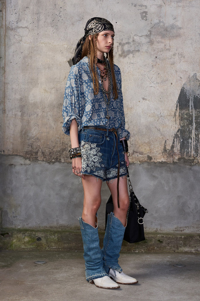 X-BOYFRIEND SHORT - CRUSHED BLUE BANDANA APPLIQUE