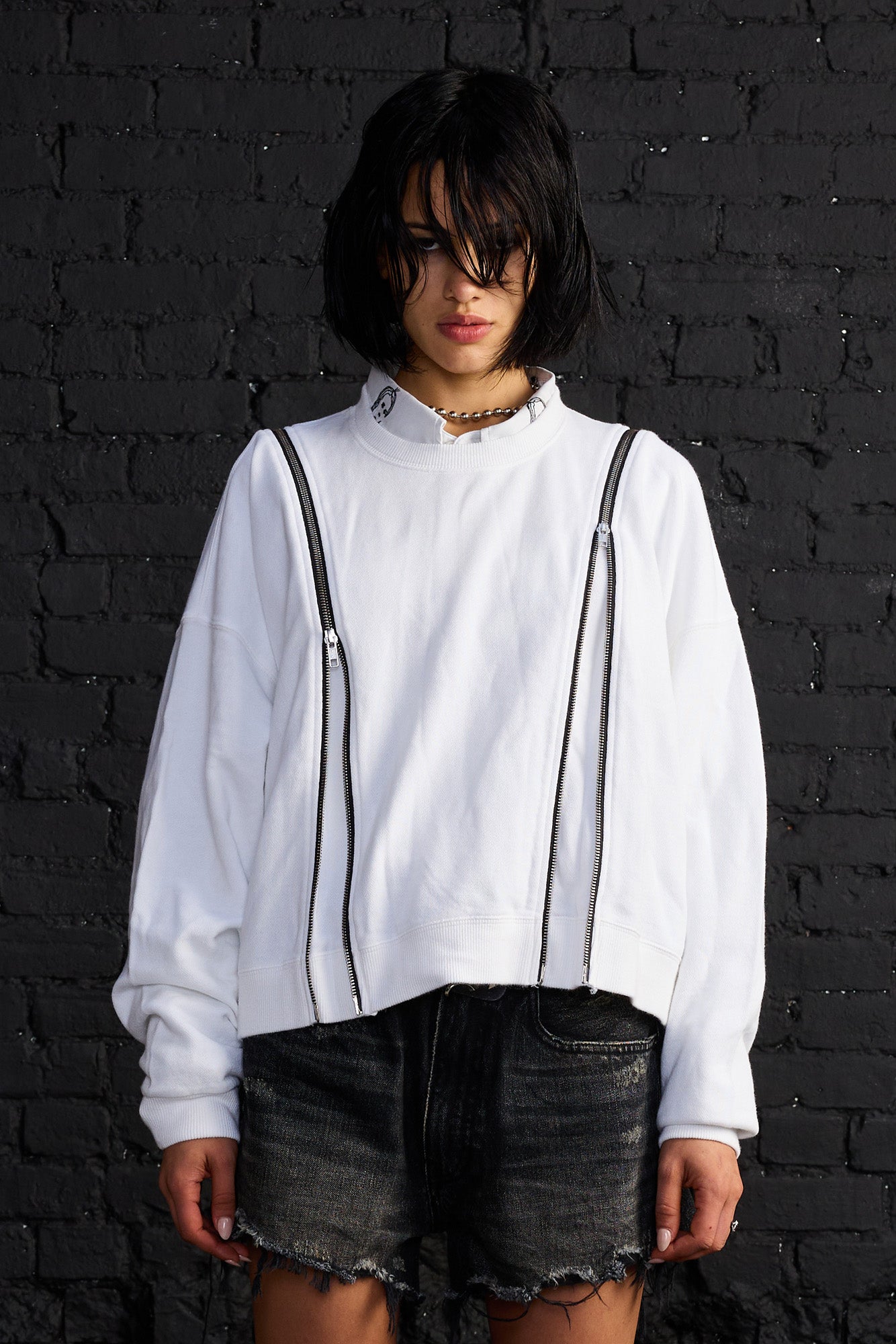 Zippered Crewneck - White - R13