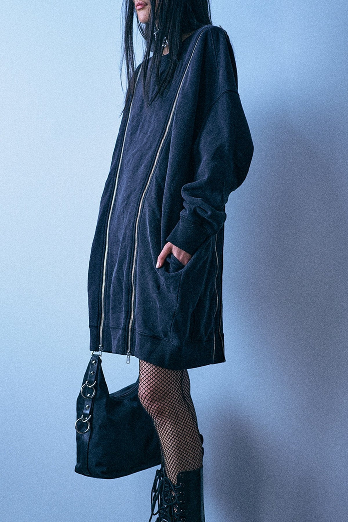 Zippered Grunge Sweatshirt Dress - Black - R13