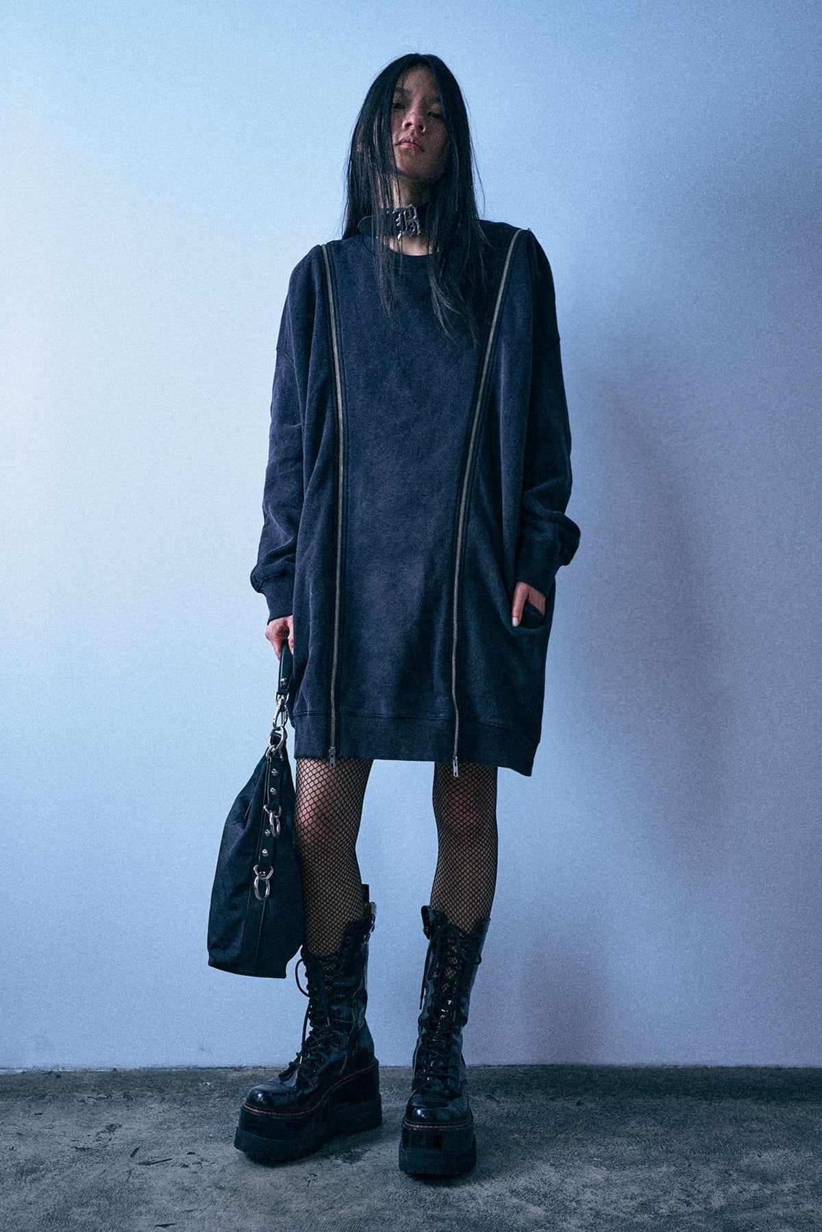 Zippered Grunge Sweatshirt Dress - Black - R13