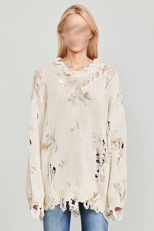 DISTRESSED OVERSIZED SWEATER - FLORAL ON KHAKI