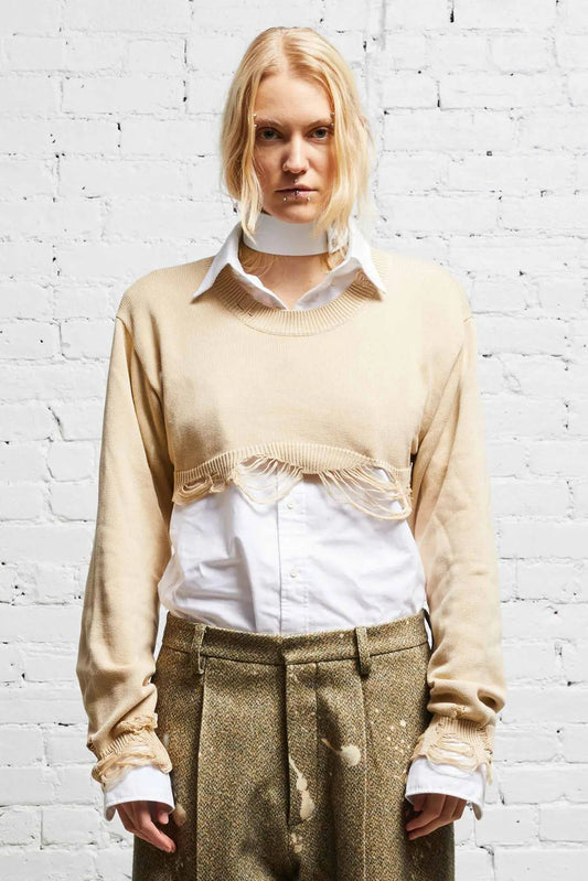 DESTROYED CROPPED PULLOVER - KHAKI