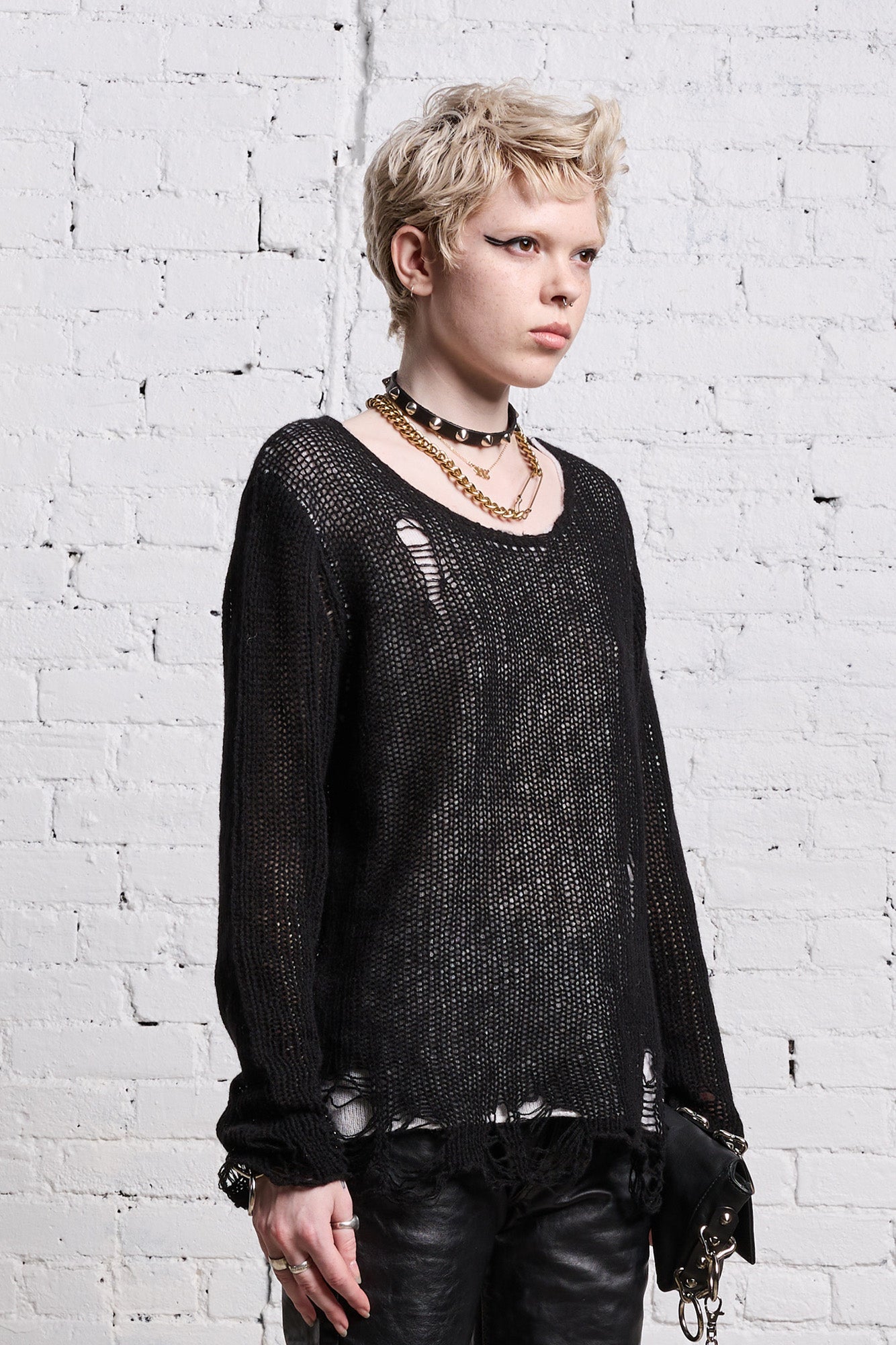 DOUBLE LAYER RELAXED SWEATER - BLACK AND ECRU