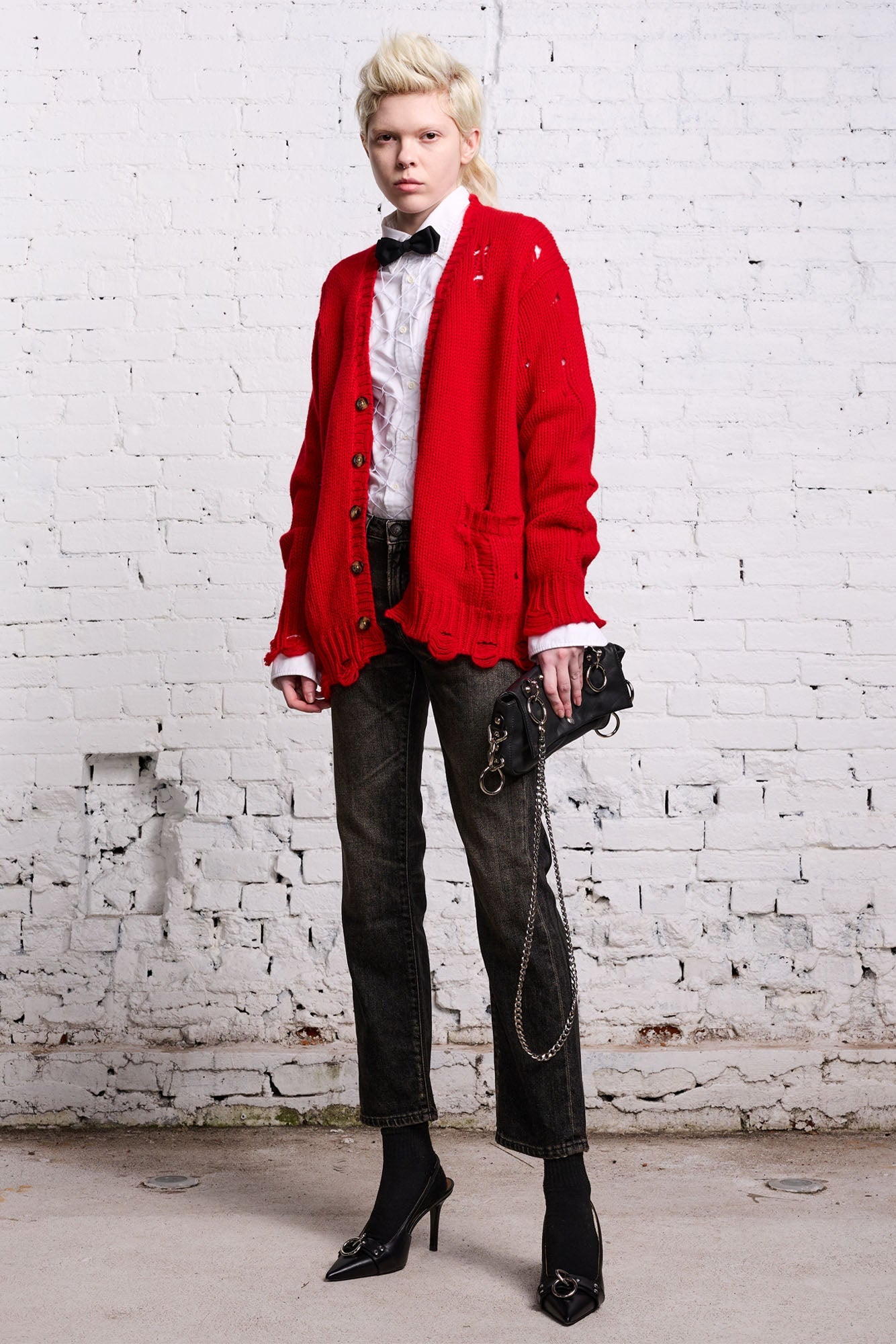 OVERSIZED DISTRESSED CARDIGAN - RED CASHMERE