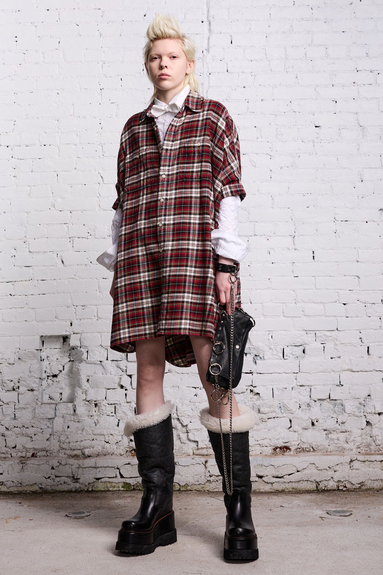 OVERSIZED RELAXED SHIRTDRESS - RED AND ECRU