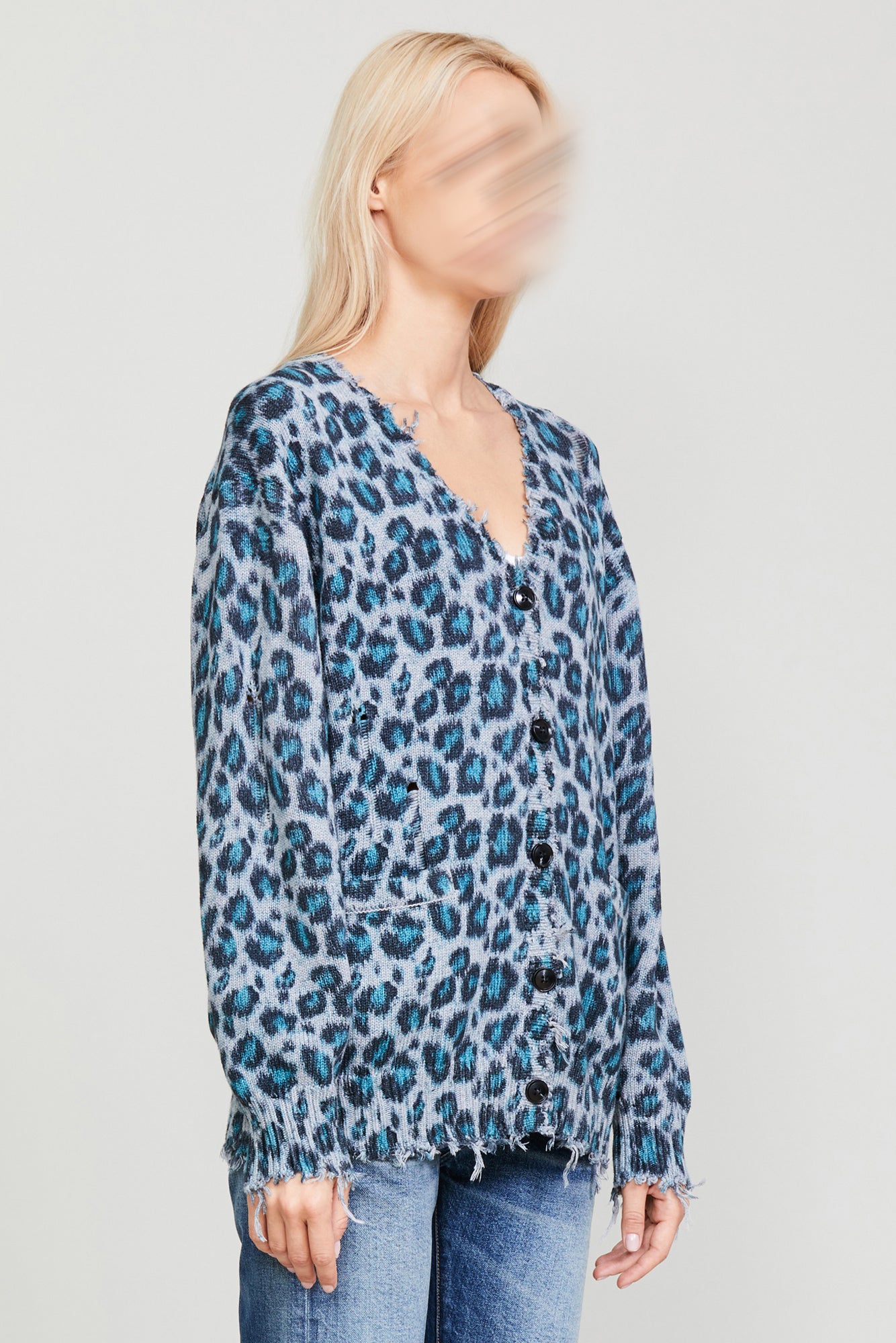 Oversized Distressed Edge Cardigan - Blue Leopard - R13