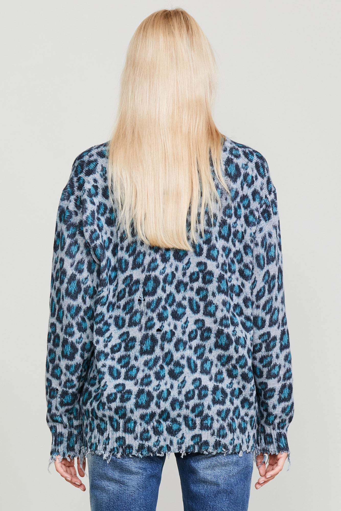 Oversized Distressed Edge Cardigan - Blue Leopard - R13